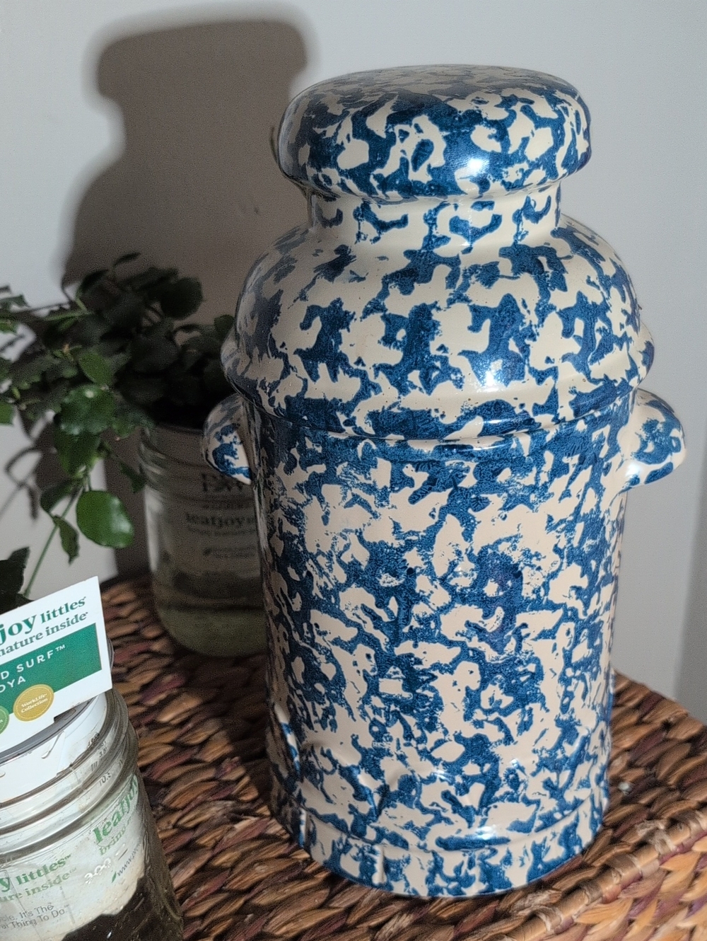Blue and Cream Speckled Ceramic Decorative Jar - Home Accents